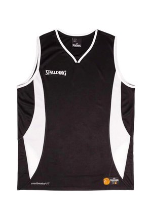 Maillot de basket-ball noir avec panneaux latéraux blancs, design en V, en tissu respirant, présentant le logo Spalding à l'avant et une étiquette de marque en bas.