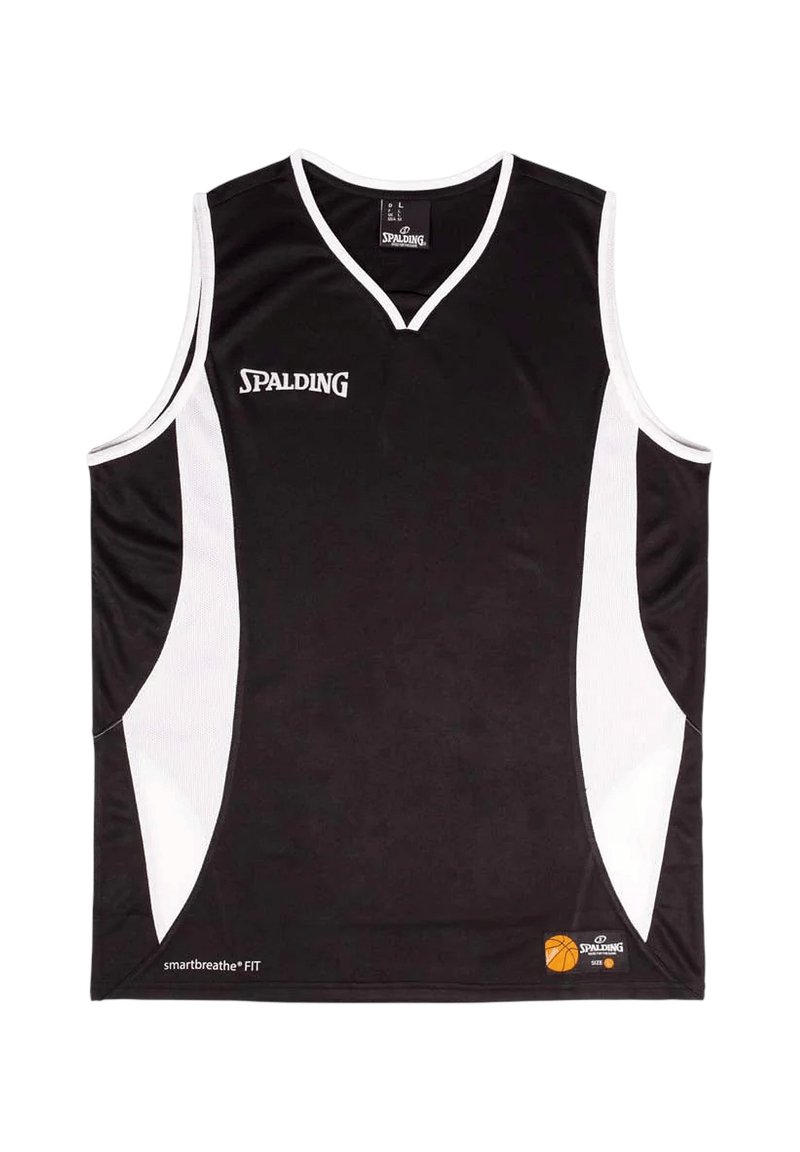 Zwarte basketbalshirt met witte zijpanelen, V-halsontwerp, ademend materiaal, met het Spalding-logo op de voorkant en een merketiket aan de onderrand.