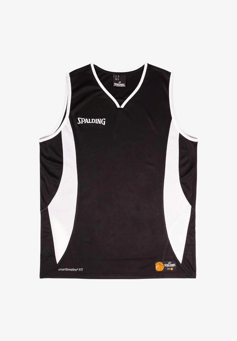 Maglia da basket nera con pannelli laterali bianchi, design a V, tessuto traspirante, con logo Spalding sul davanti e etichetta del brand nell'orlo.