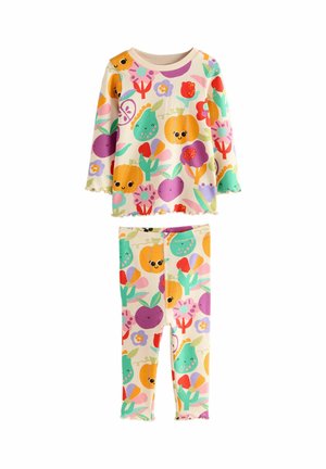 Ensemble de pyjama deux pièces coloré en tissu doux. Haut à manches longues et col rond ; paré de divers motifs de fruits et de fleurs.