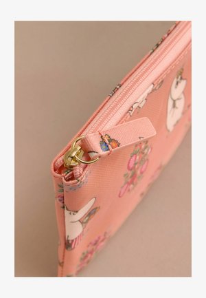 Pink fabric pouch with floral patterns and cartoon characters. Features a gold zipper and a textured surface. Compact and rectangular shape.