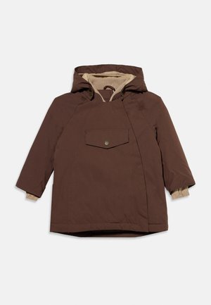 Brown hooded winter jacket with front pocket flap and beige inner lining shown on plain background.