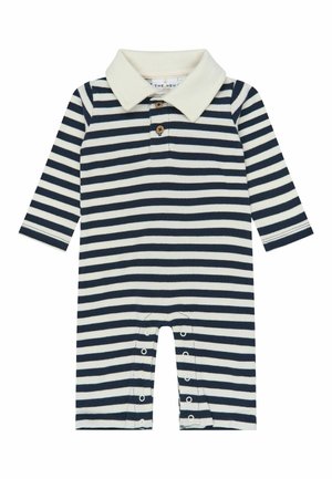 Combinaison bébé à manches longues avec des rayures horizontales bleu marine et blanc, col crème, boutons marron sur la poitrine et pressions aux jambes.