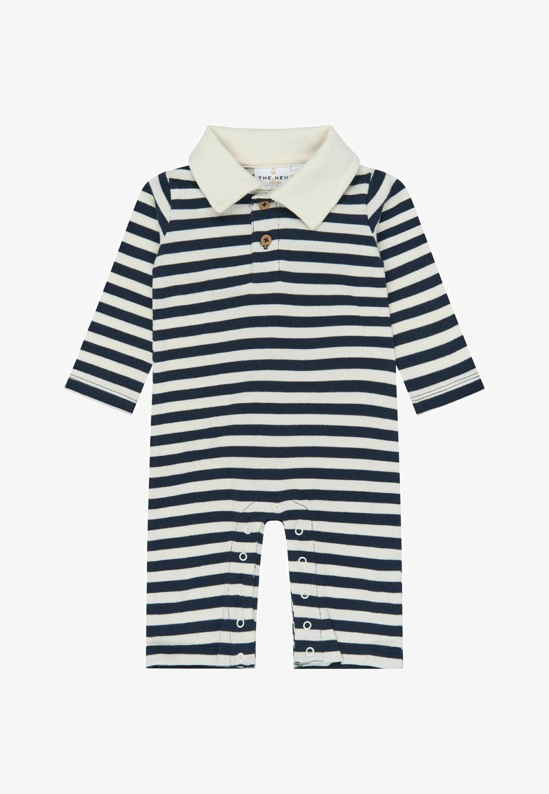 Combinaison bébé à manches longues avec des rayures horizontales bleu marine et blanc, col crème, boutons marron sur la poitrine et pressions aux jambes.