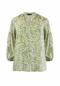 Blusa verde a stampa paisley con scollatura a V, maniche lunghe a sbuffo e tessuto testurizzato. Presenta un morbido drappeggio e dettagli intricati in tutto il capo.