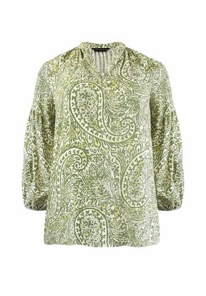 Groene blouse met paisleyprint, v-hals, lange poffende mouwen en een textuurstof. Heeft een zachte val en fijne details overal.