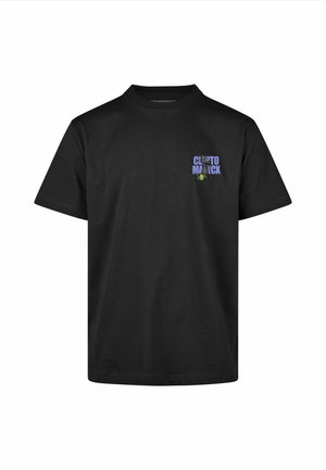 Black short-sleeve t-shirt made of cotton with a crew neck, featuring a colorful graphic on the left chest area.