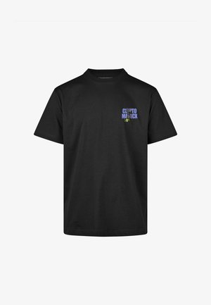 Schwarzes T-Shirt mit kurzen Ärmeln aus Baumwolle und Rundhalsausschnitt, mit einem bunten Grafikdesign auf der linken Brustseite.