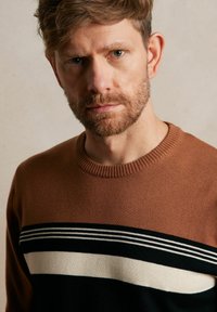 Sweter wykonany z miękkiego brązowego materiału z okrągłym dekoltem, ozdobiony poziomymi paskami w kolorze czarnym, białym i zielonym na wysokości klatki piersiowej.