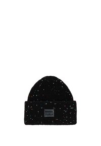 Gorro de punto negro con textura acanalada y lentejuelas coloridas esparcidas por toda su superficie. Incluye una etiqueta de marca rectangular en el puño.