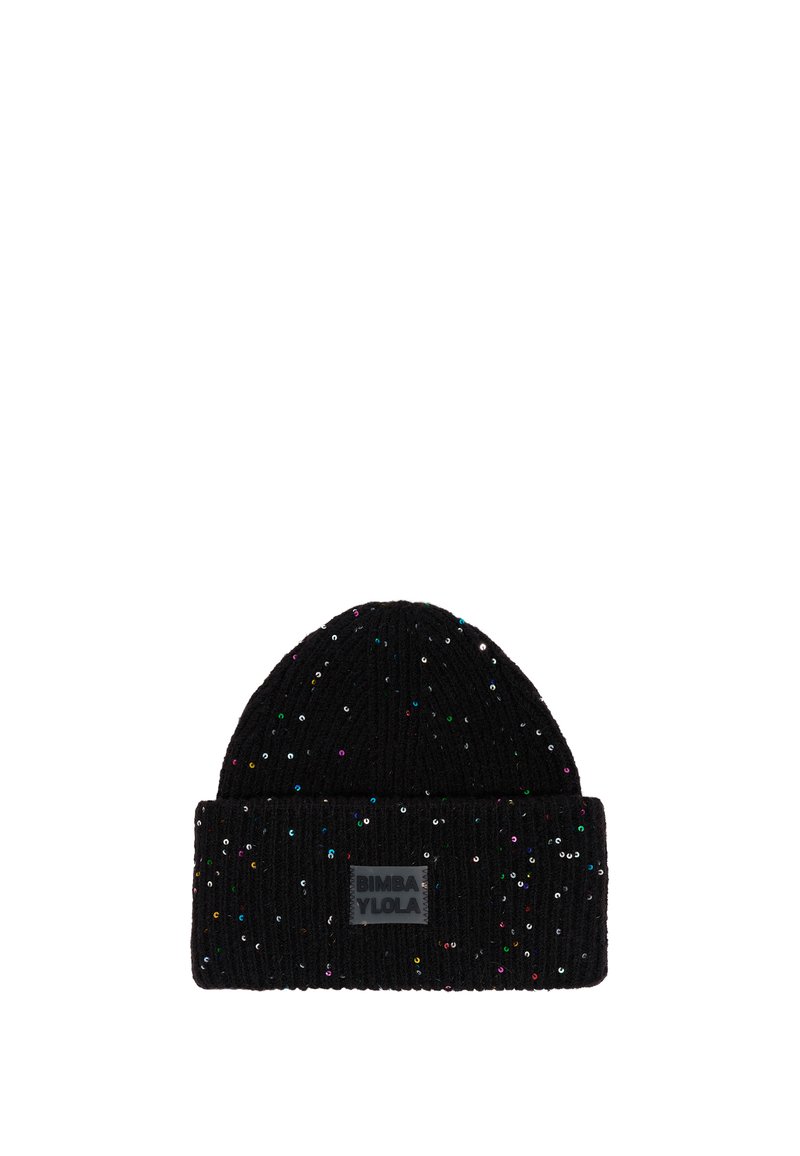 Gorro de punto negro con textura acanalada y lentejuelas coloridas esparcidas por toda su superficie. Incluye una etiqueta de marca rectangular en el puño.