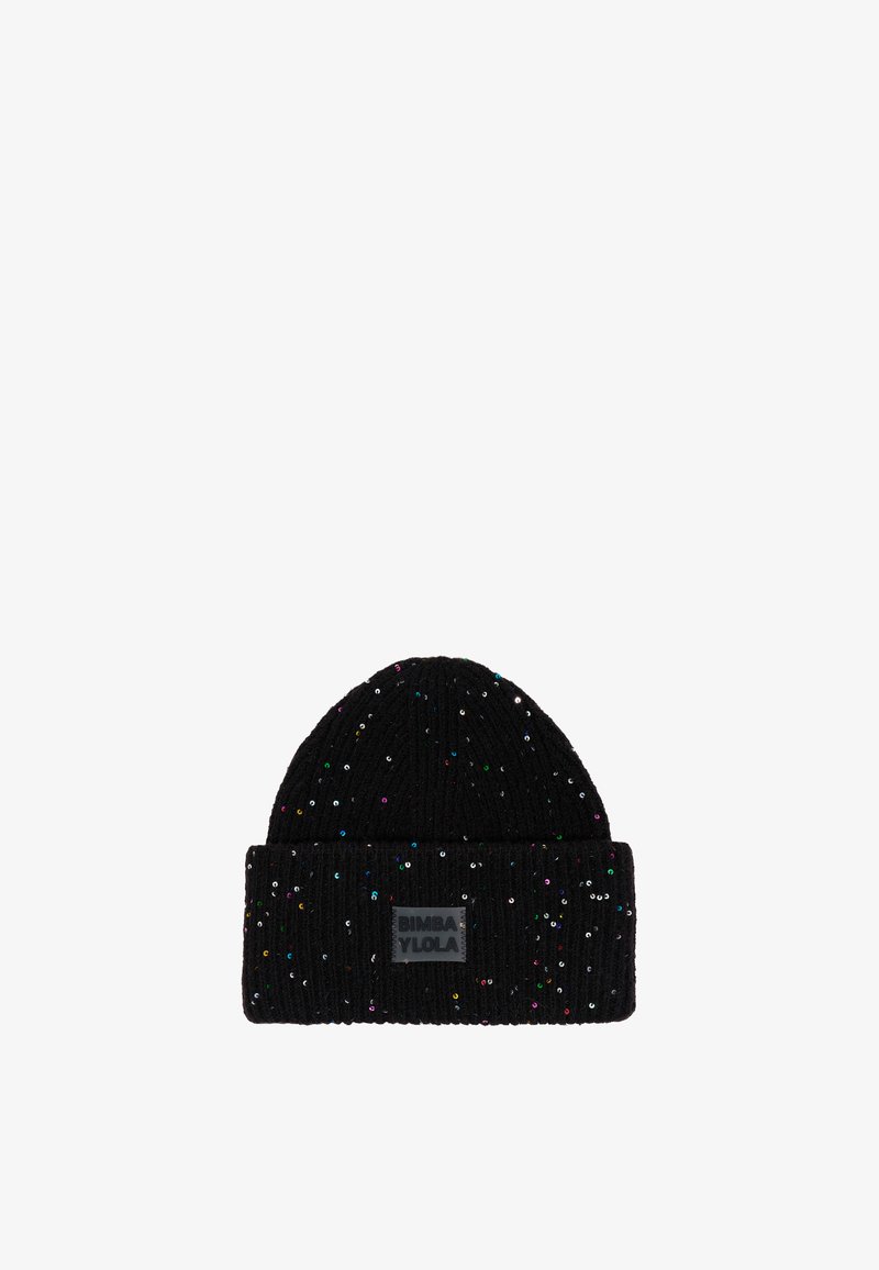 Gorro de punto negro con textura acanalada y lentejuelas coloridas esparcidas por toda su superficie. Incluye una etiqueta de marca rectangular en el puño.