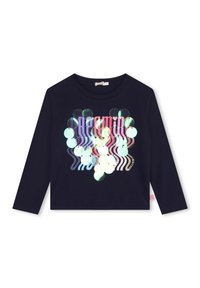 T-shirt a maniche lunghe di colore blu navy realizzato in cotone, con una grafica colorata e dettagli riflettenti e motivi ondulati.