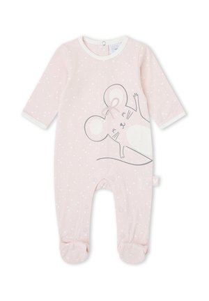 Peto rosa de bebé de manga larga con patrones de corazones blancos, con un ratón sonriente con un lazo en la parte delantera y cierres a presión en las piernas.