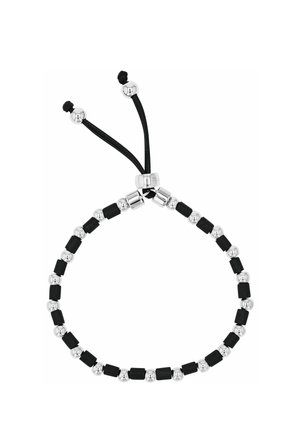Pulsera ajustable con cuentas alternas negras rectangulares y plateadas redondas en un cordón negro con extremos de cuentas plateadas.