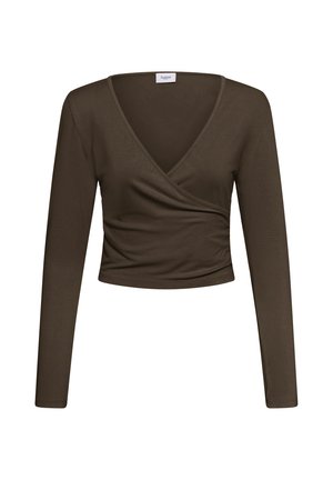 Top court à manches longues en vert olive foncé avec décolleté en V et léger froncé sur un côté.