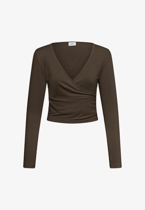 Top court à manches longues en vert olive foncé avec décolleté en V et léger froncé sur un côté.