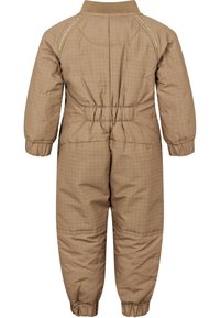 Brun polstret overall med rutemønster, elastisk midjebånd, ribbestrikket krage og mansjetter. Har en glatt tekstur og et uformelt design.