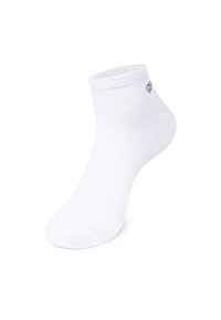 Weiße Knöchelsocken aus einem glatten, dehnbaren Stoff. Verfügen über eine gerippte Bündchenkante und ein kleines Logo an der Seite. Schlichtes Design, nahtloser Zehenbereich.