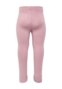 Rosa Leggings aus weichem, dehnbarem Stoff. Mit hohem Bund und elastischen Bündchen an den Knöcheln. Glatte Textur ohne Muster.