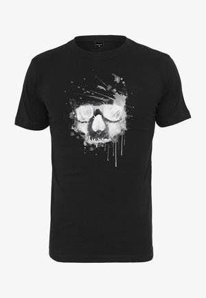 Black short-sleeve T-shirt made of cotton featuring a white skull design with glasses and splatter effects, presenting a textured graphic print.