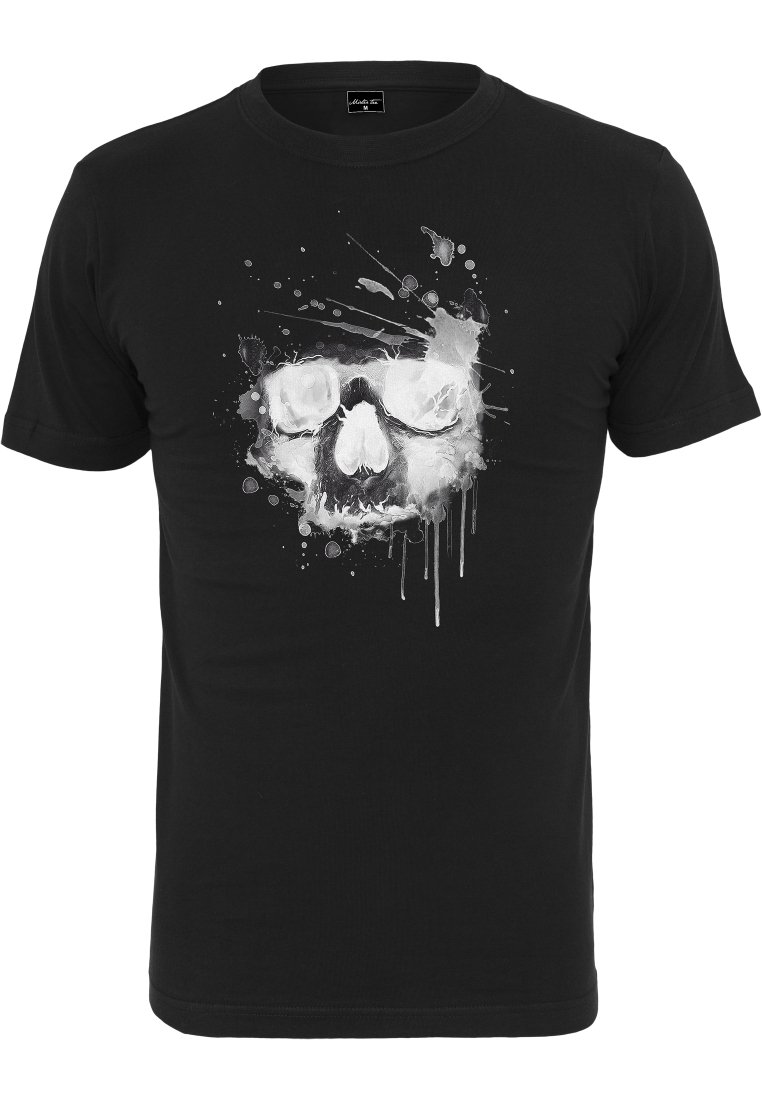 T-shirt noir à manches courtes en coton avec un design de crâne blanc portant des lunettes et des effets de projection, présentant une impression graphique texturée.