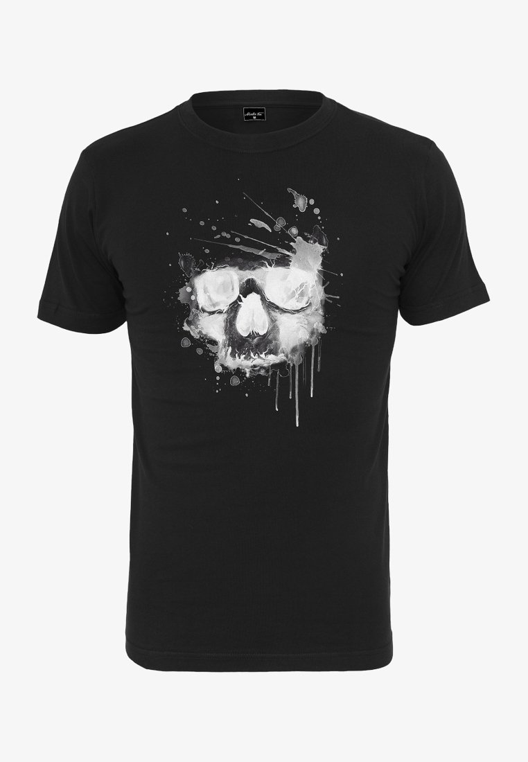 T-shirt noir à manches courtes en coton avec un design de crâne blanc portant des lunettes et des effets de projection, présentant une impression graphique texturée.
