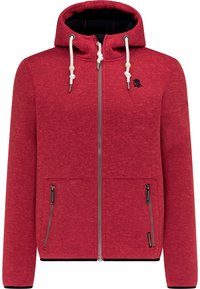 Punainen huppari, jossa on teksturoitu neulossuunnittelu, hopeinen vetoketju, valkoiset kiristysnauhat ja kaksi vetoketjullista sivutaskua. Hihansuut mustalla reunuksella.