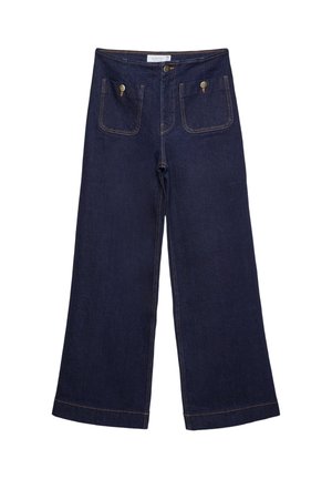 Dunkelblaue Jeans mit weitem Bein aus Denim, zwei vorderen Taschen, sichtbaren Nähten und einem Knopfverschluss. Sie haben einen geraden Schnitt und einen ausgefransten Saum.
