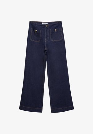 Tmavě modré denimové kalhoty s širokými nohavicemi, dvěma předními kapsami, viditelným šitím a zapínáním na knoflík. Mají rovný střih a roztrhaný lem.