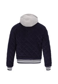 Mørkeblå quiltet corduroyjakke med grå fleeceforet hætte, stribede mansjetter og kant. Har en cropped design og struktureret materiale.