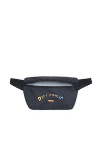 Schwarze Stoff-Gürteltasche mit Reißverschluss, ausgestattet mit einem mehrfarbigen, geschwungenen Textdesign. Inklusive verstellbarem Gurt für einen sicheren Sitz.