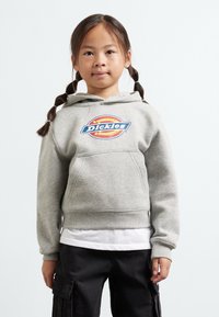 Gray hoodie with a front pocket and ribbed cuffs, featuring a colorful "Dickies" logo on the chest. Worn over a white shirt and black pants.