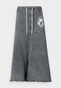 Γκρι φούστα υψηλής μέσης σε σχήμα A με λευκό κορδόνι στη μέση και λευκό γραφικό γάτας με το λογότυπο Moschino Jeans στην πάνω αριστερή πλευρά.