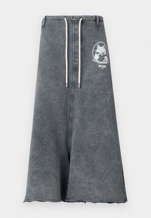 Hall halli kõrge vöökohaga A-lõikelise seelik, millel on vöökohal valge pael ja ülemisel vasakul küljel valge kassi graafika koos Moschino Jeans logo.