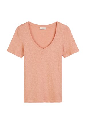 Roze V-hals t-shirt gemaakt van zachte, lichte stof. Korte mouwen en een relaxte pasvorm met subtiele textuur. Geen patronen of versieringen.