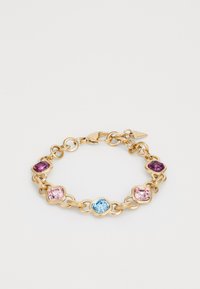 Gold chain bracelet featuring four faceted gemstones: dark purple, light pink, light blue, and pink. Links are rounded with smooth edges.