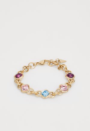 Gold chain bracelet featuring four faceted gemstones: dark purple, light pink, light blue, and pink. Links are rounded with smooth edges.