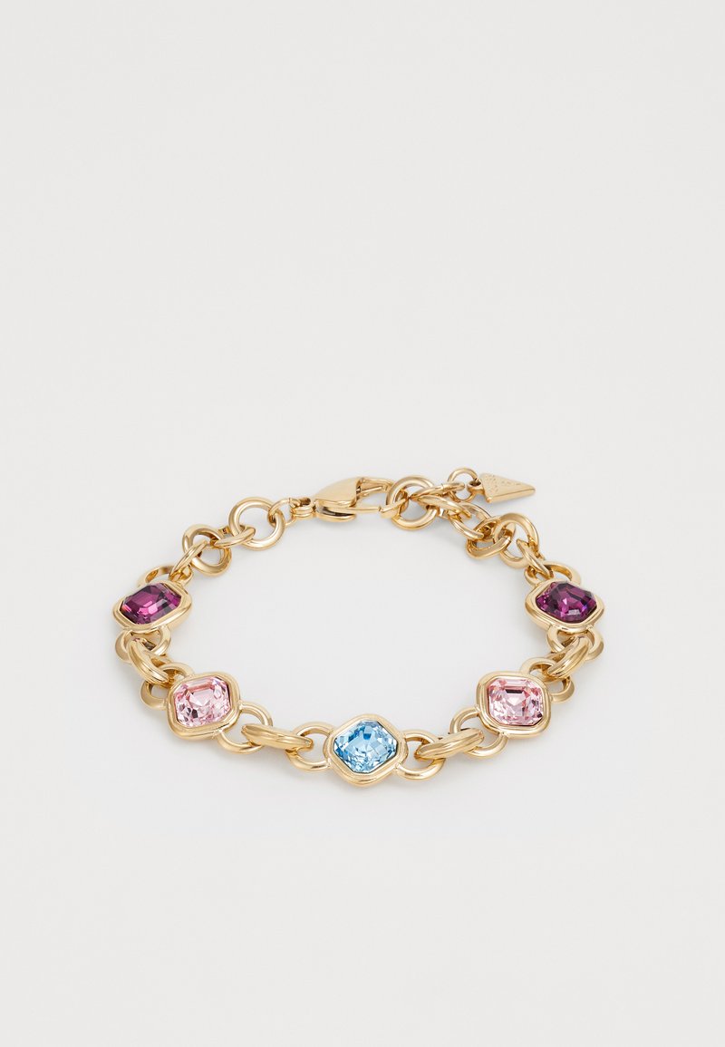 Gold chain bracelet featuring four faceted gemstones: dark purple, light pink, light blue, and pink. Links are rounded with smooth edges.