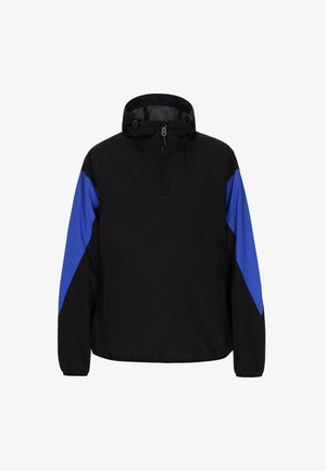 Black and blue pullover jacket with a high collar, half-zip front, and elastic cuffs. Features diagonal blue panels on the shoulders.