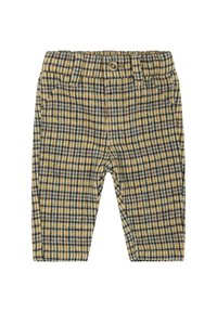 Bruine en gele geblokte broek van een textuurstof met een knoopsluiting en zijzakken. Voorzien van een elastische tailleband.