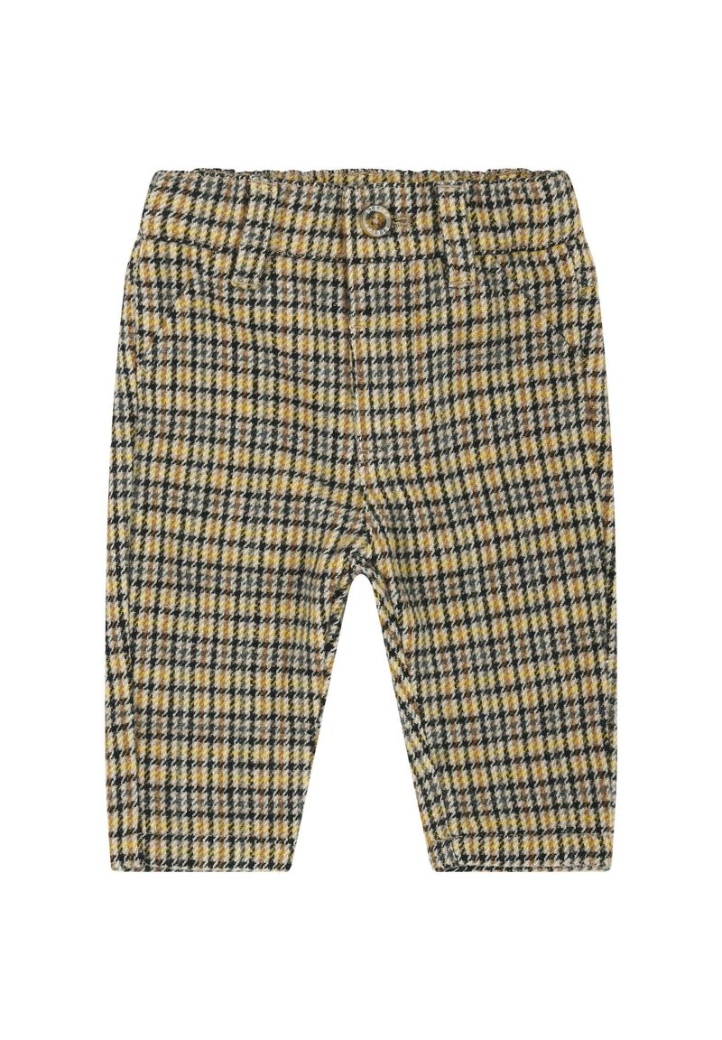 Bruine en gele geblokte broek van een textuurstof met een knoopsluiting en zijzakken. Voorzien van een elastische tailleband.