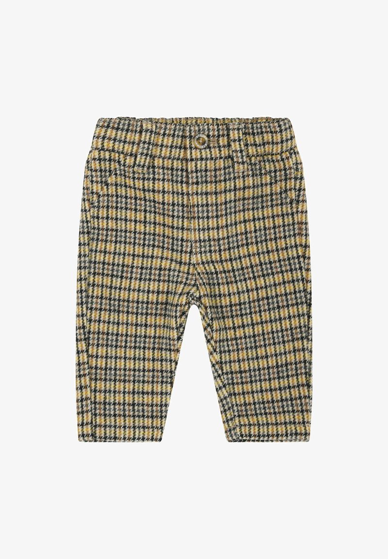 Pantalon à carreaux marron et jaune en tissu texturé avec une fermeture à bouton et des poches avant. Dispose d'une taille élastique.