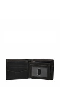 Portefeuille en cuir noir avec plusieurs emplacements pour cartes, une fenêtre pour carte d'identité transparente et des coutures contrastées. Design compact et pliant avec une texture douce.