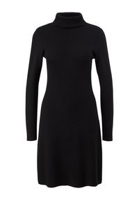 Robe en tricot côtelé noire avec un col roulé haut, des manches longues et un corsage ajusté qui s'évasent à la taille pour créer une silhouette en A.