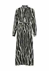 Dug tijekom dugih rukava, crno-bijela prugasta košulja haljina s ovratnikom i remenom na upečatljiv način, uzorak zebra.