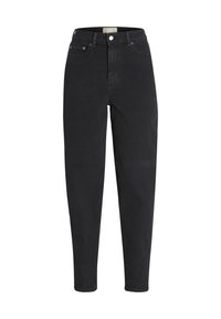 Černé džínové kalhoty s vysokým pasem, zužující se nohavicí, měděným knoflíkem a prošitými kapsami. Hladká textura s minimalistickými designovými prvky.