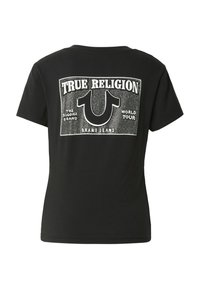 Czarny bawełniany t-shirt z białym nadrukiem graficznym z tyłu z napisem "TRUE RELIGION" oraz logo podkowy. Krótkie rękawy.