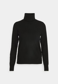 Pull en col roulé noir en tissu doux, doté de manches longues et d'un col ajusté. Design simple et polyvalent.