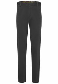 Donkergrijze broek van lichtgewicht stof, met een rechte pijp, riemlussen, een voorzak en een gevoerde tailleband met een patroon.